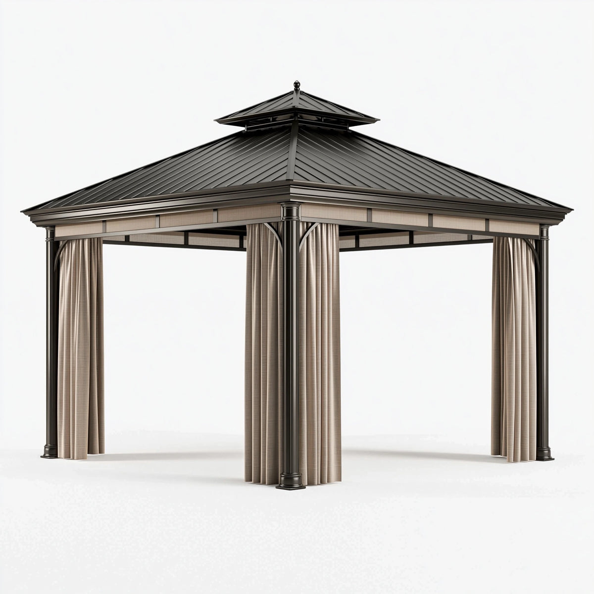 Gartenpavillon 300 x 300 x 290 cm Metall Schwarz Taupe mit Vorhängen