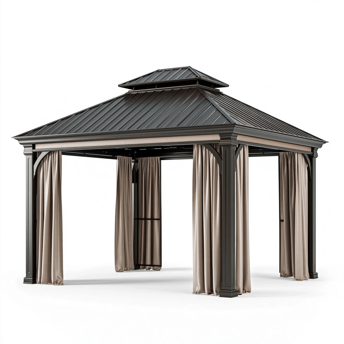 Pavillon 300 x 300 x 300 cm Metall Schwarz mit Vorhängen und Doppeldach