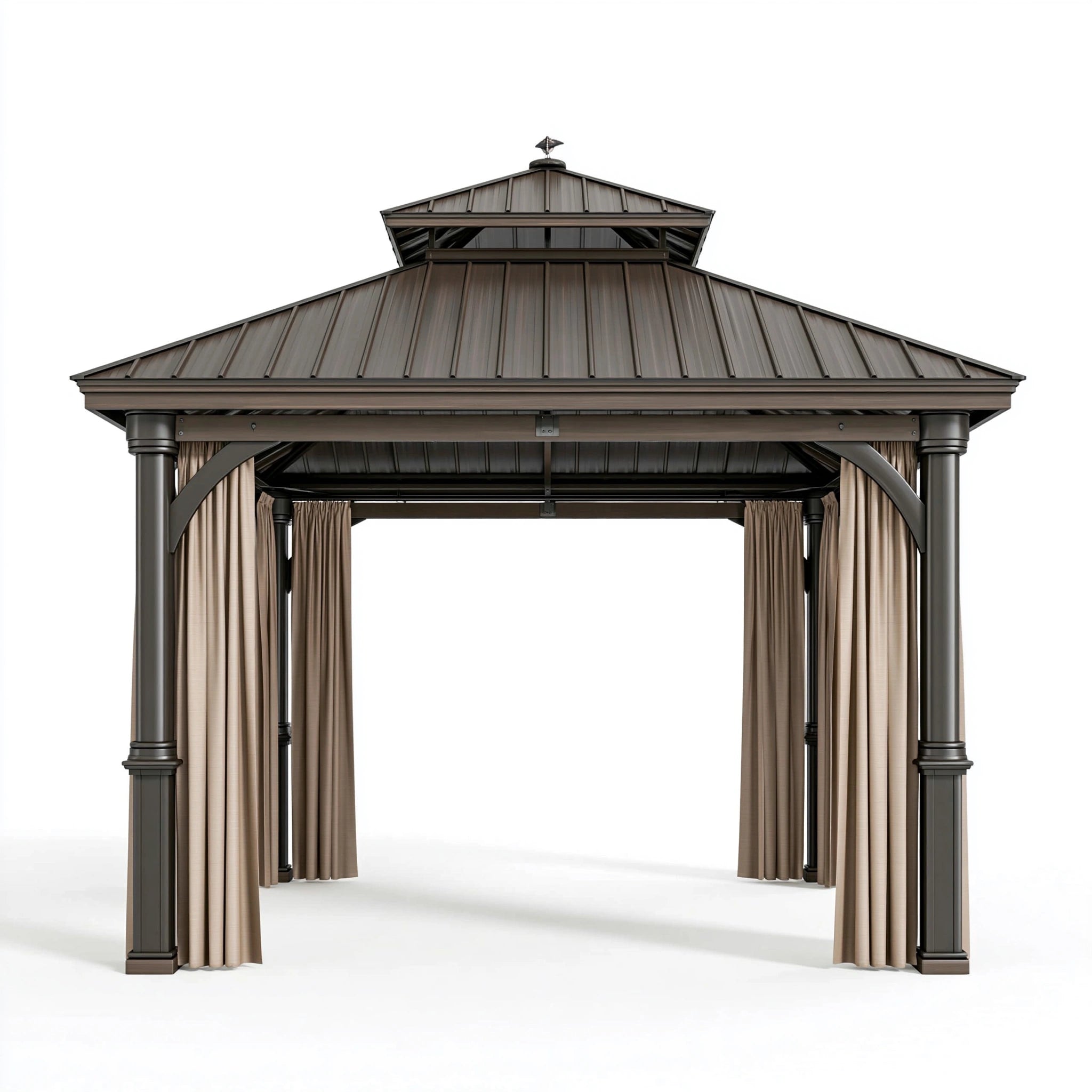 Gartenpavillon 300 x 300 x 300 cm Metall Braun Beige mit Vorhängen klassischer Stil