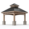 Gartenpavillon 400 x 400 x 430 cm Holz Naturbraun mit schwarzem Metalldach und Dachaufsatz