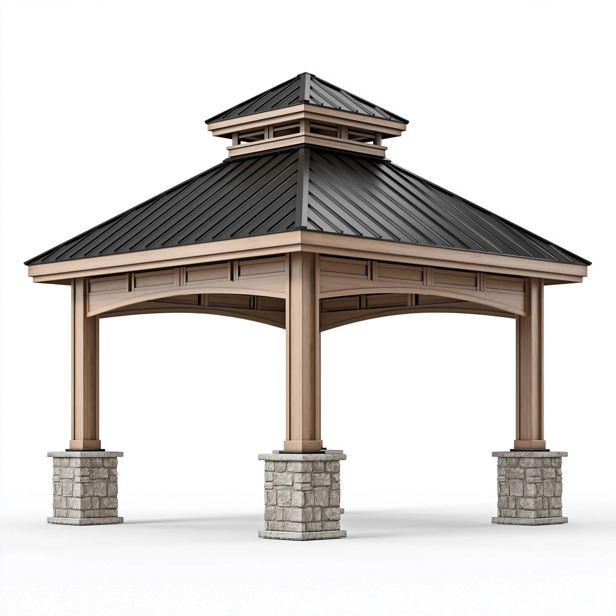 Gartenpavillon 400 x 400 x 430 cm Holz Naturbraun mit schwarzem Metalldach und Dachaufsatz