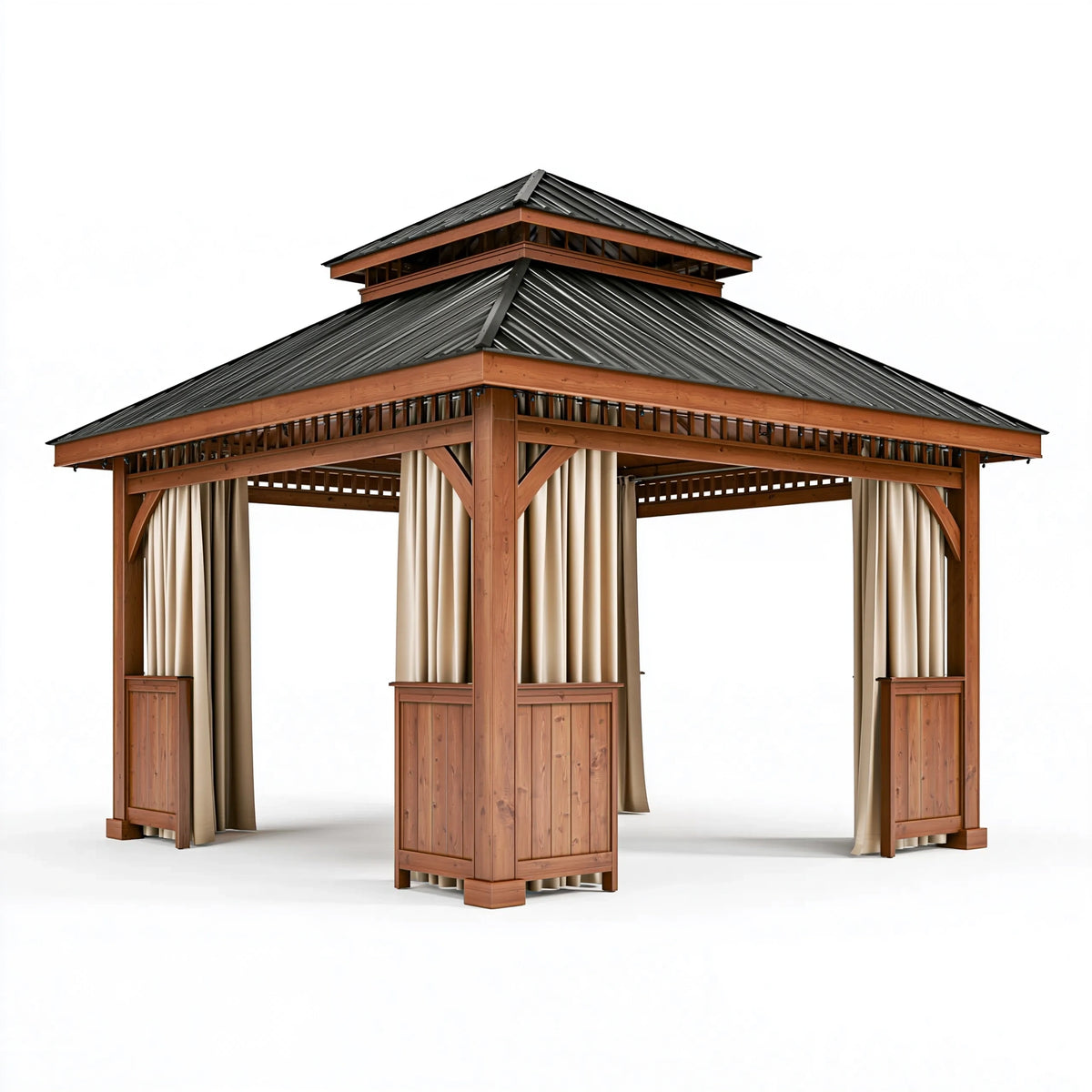 Gartenpavillon 400 x 400 x 330 cm Holz Metall Beige Braun Schwarz mit Vorhängen und Metalldach