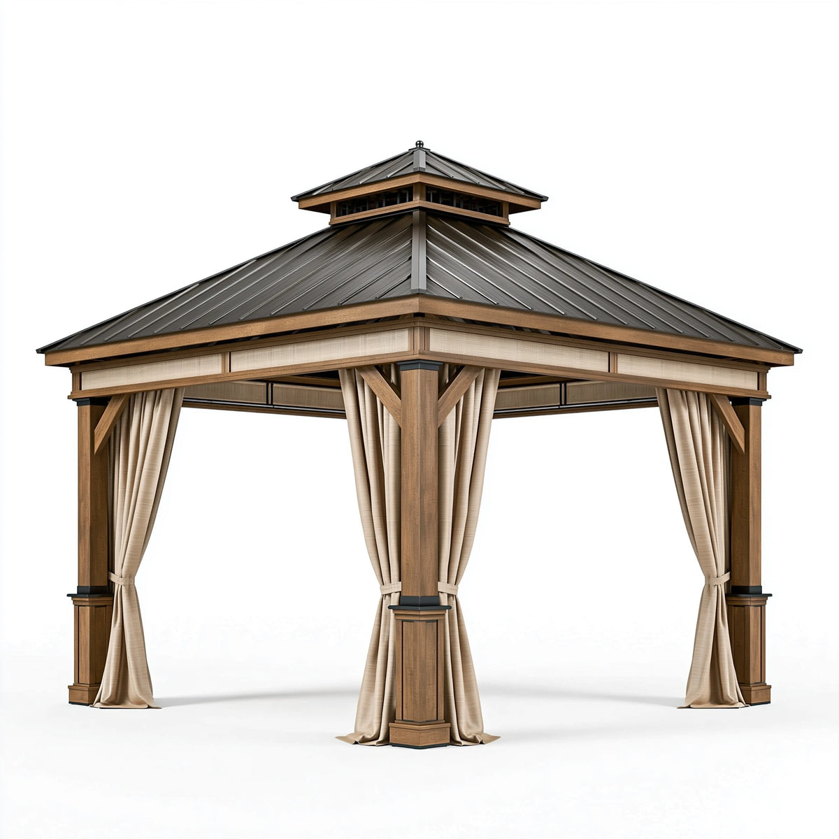 Gartenpavillon 400 x 400 x 320 cm Holz Metall Braun Beige mit Vorhängen und Doppeldach