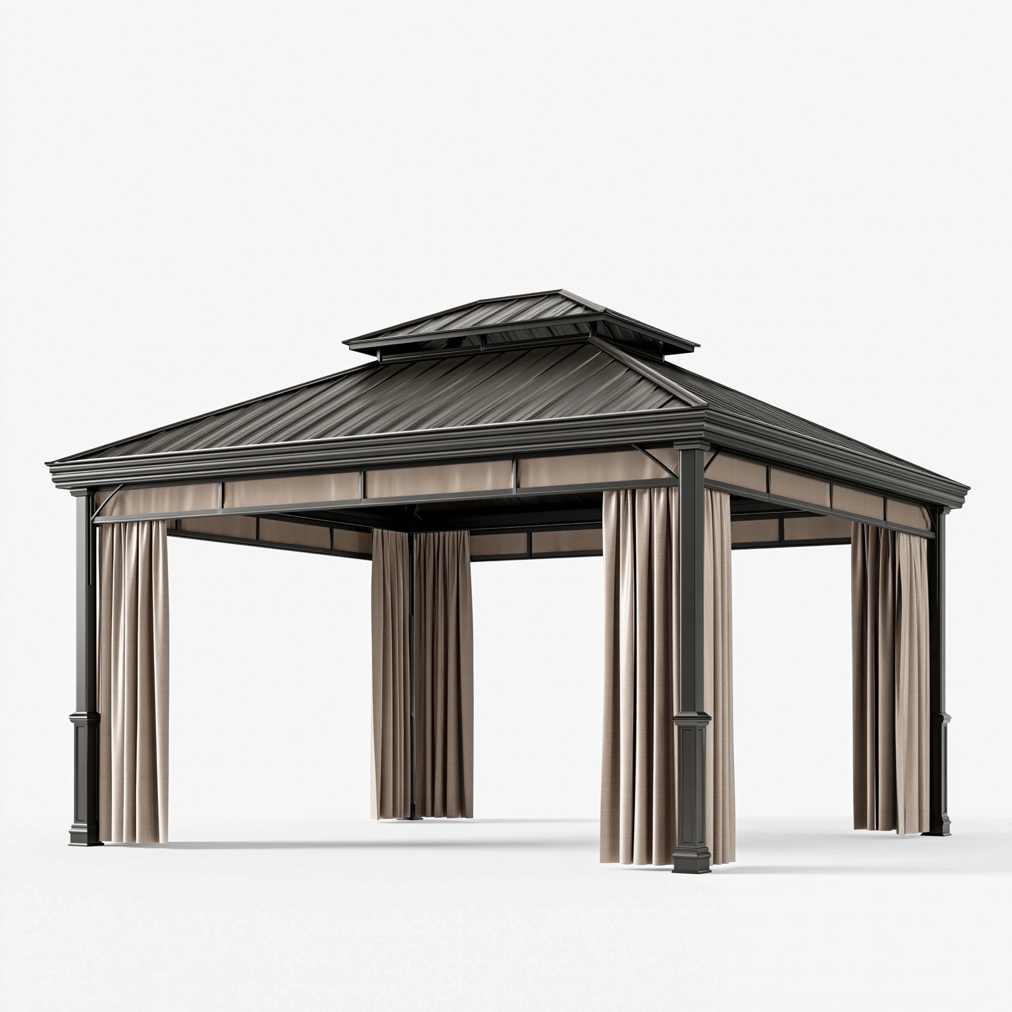 Pavillon 300 x 300 x 290 cm aus Metall Schwarz Beige mit Seitenvorhängen für Garten Klassischer Stil
