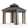Gartenpavillon 300 x 300 x 300 cm Metall Schwarz Braun Beige mit Vorhängen und Doppeldach