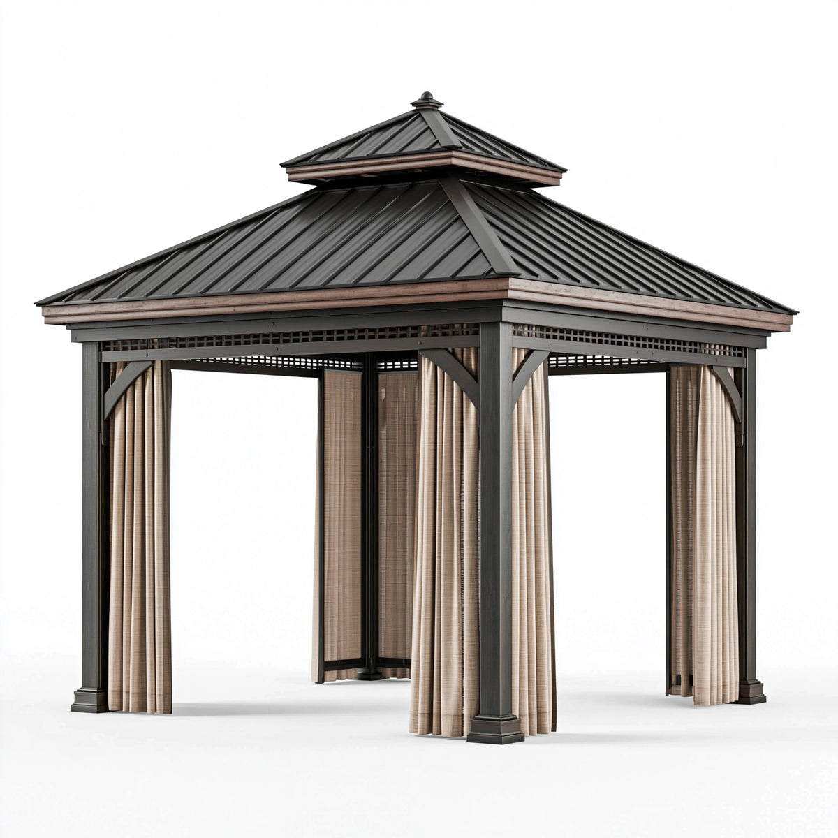 Gartenpavillon 300 x 300 x 300 cm Metall Schwarz Braun Beige mit Vorhängen und Doppeldach