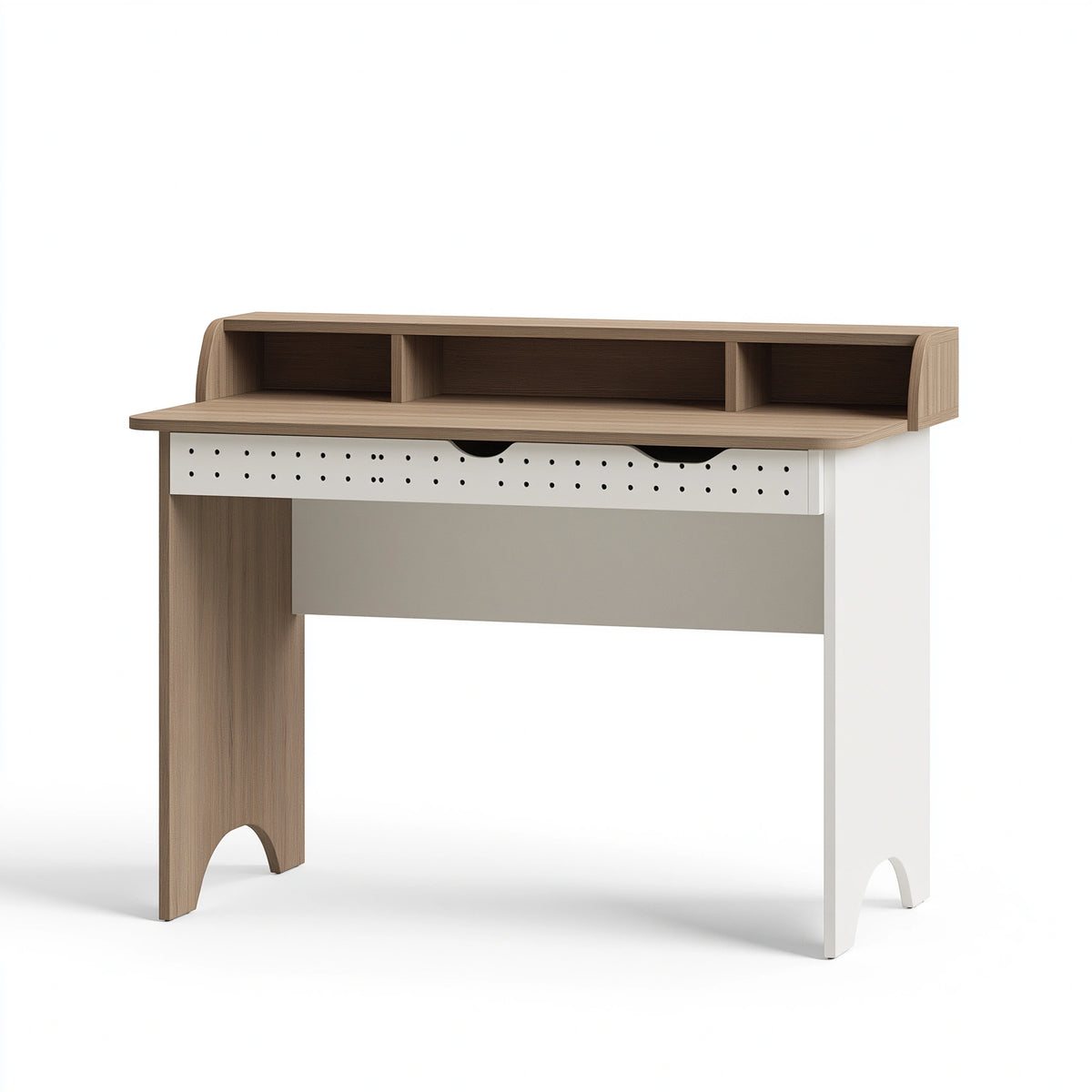 Schreibtisch 120 x 60 x 100 cm in Weiß und Holzoptik mit Aufsatz und Schubladen