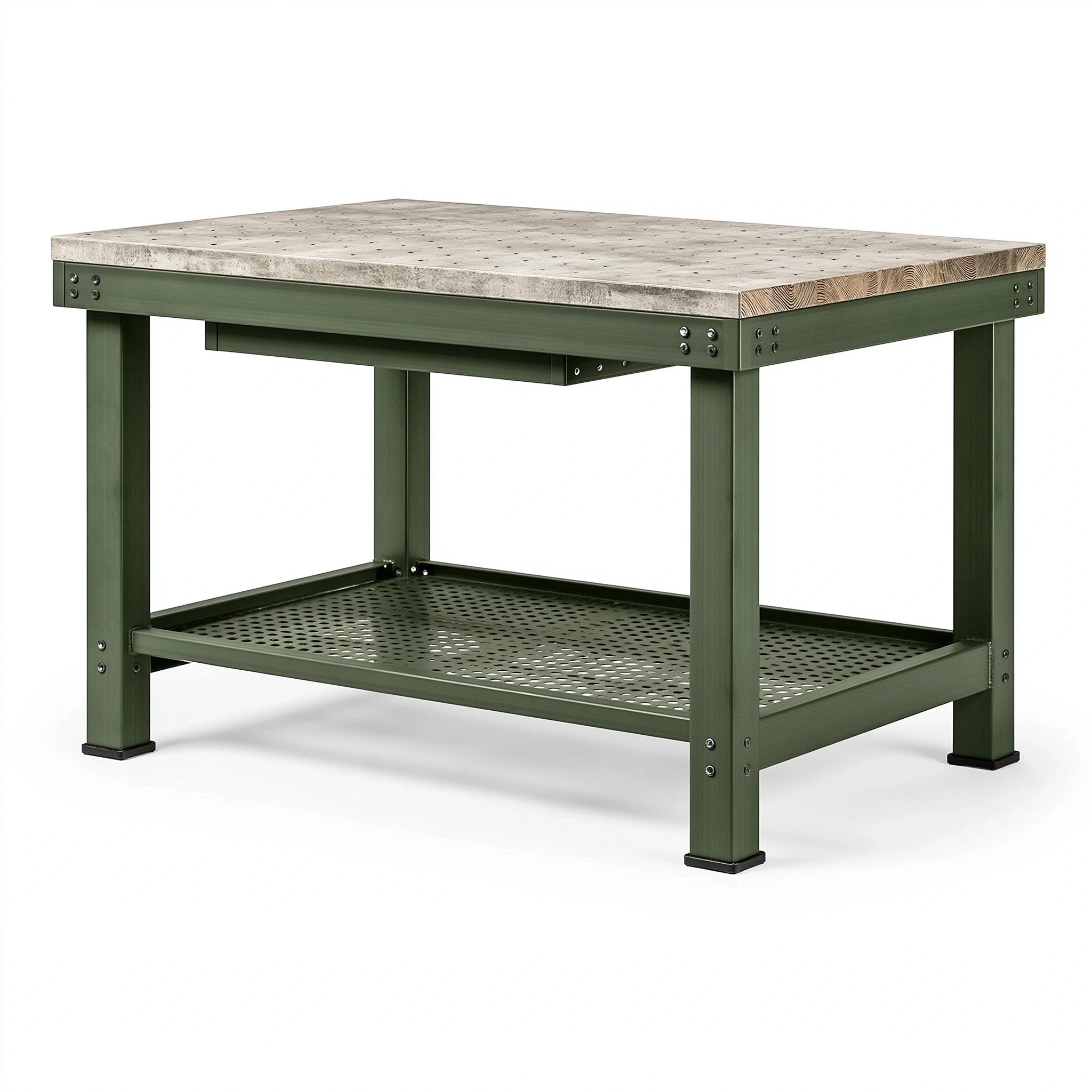 Werkbank 120 x 60 x 90 cm - Stahl Holz Grün mit Lochplatte und Ablage im Industriestil