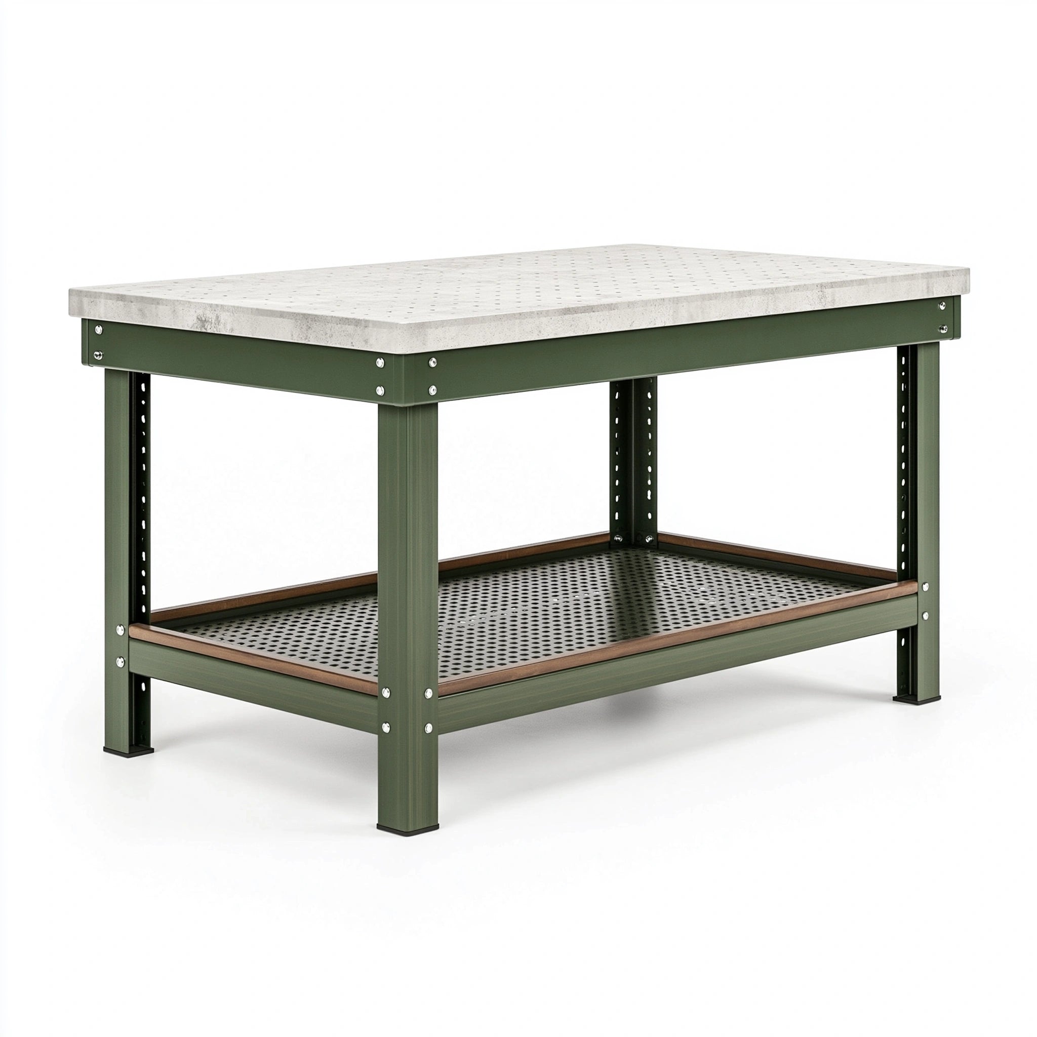 Werkbank 120 x 60 x 90 cm aus Metall und Beton in Olivgrün - Industriestil mit Lochplatte und Ablage